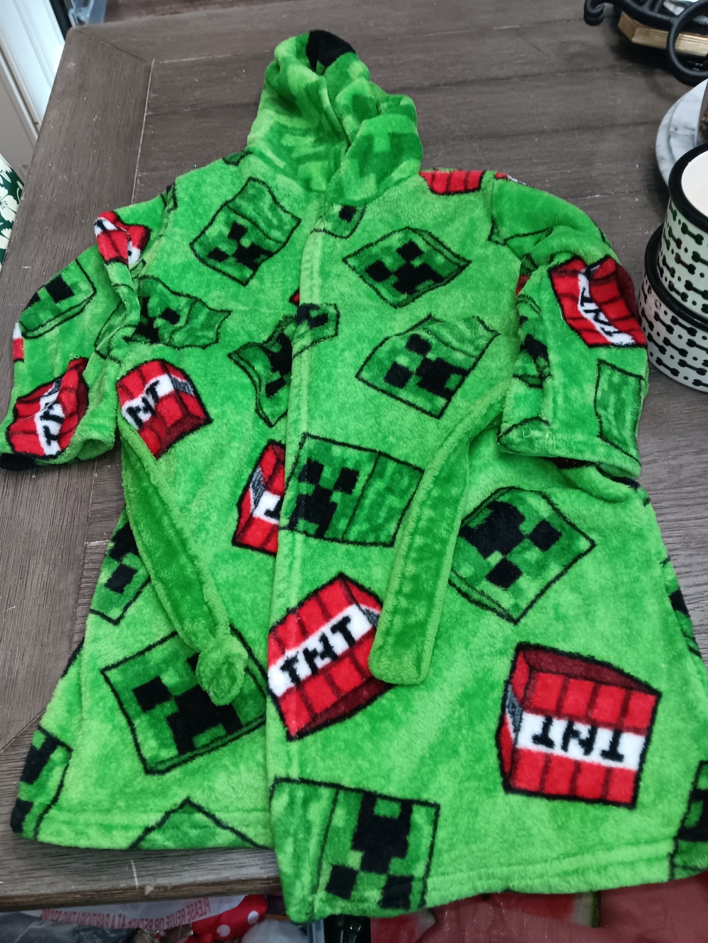 Kids Green Minecraft-Inspired Plush Hooded Robe with Creeper & TNT Print